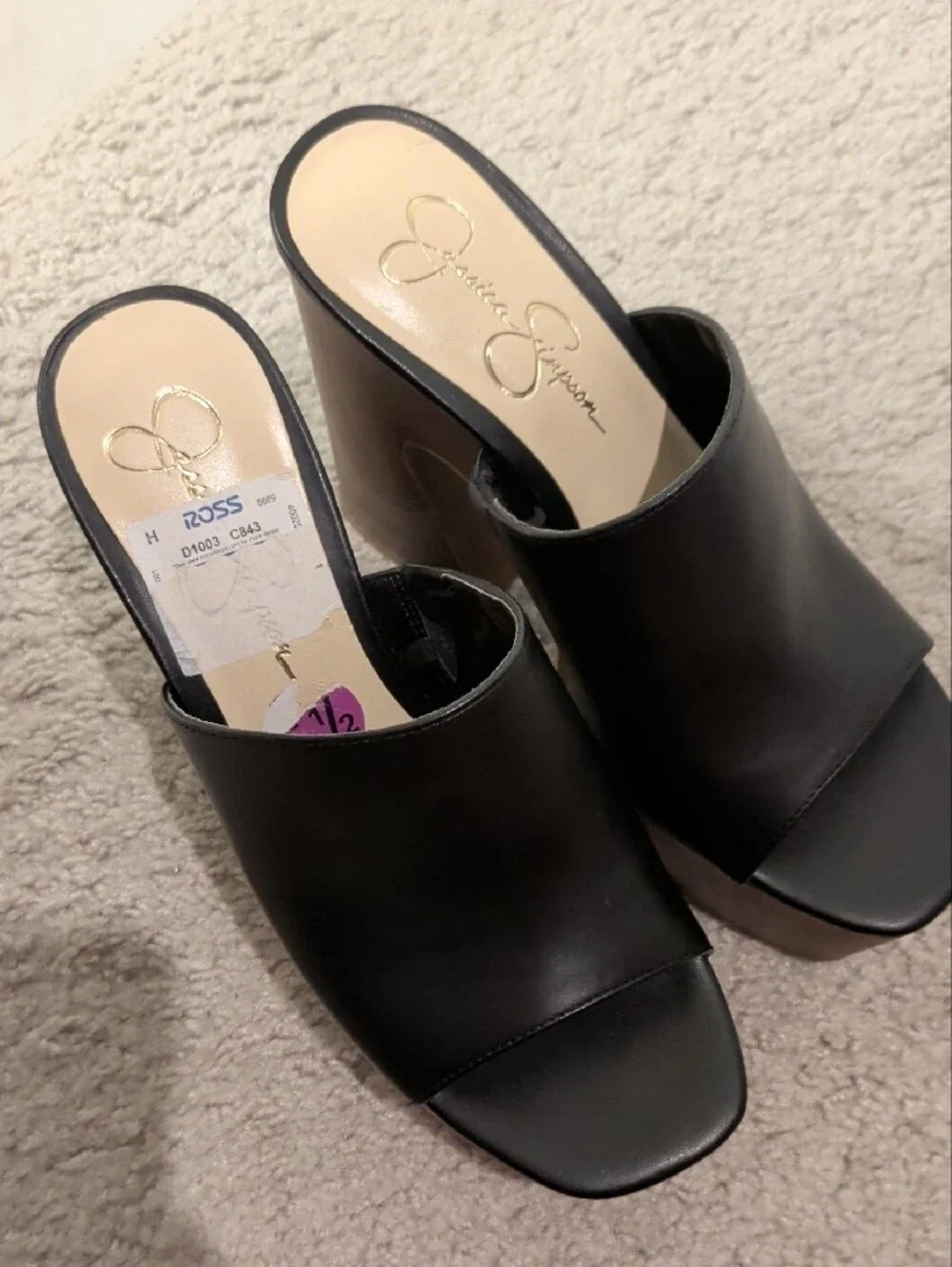 Jessica Simpson Black Platform Slide Sandals with Wood-Look Block Heel